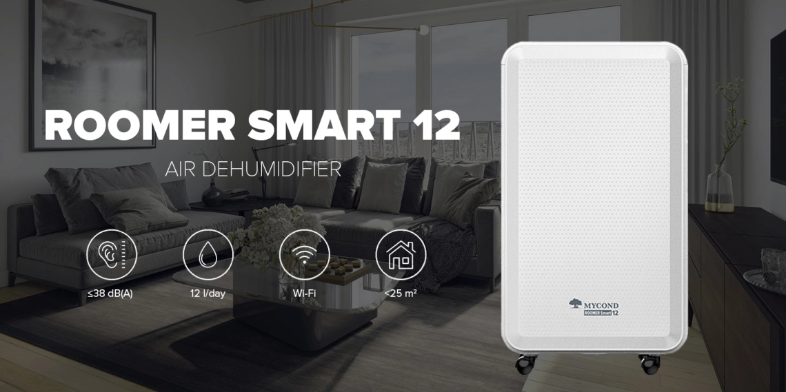 Un deshumidificador compacto Roomer Smart 12 de MyCond diseñado para uso residencial en interiores.
