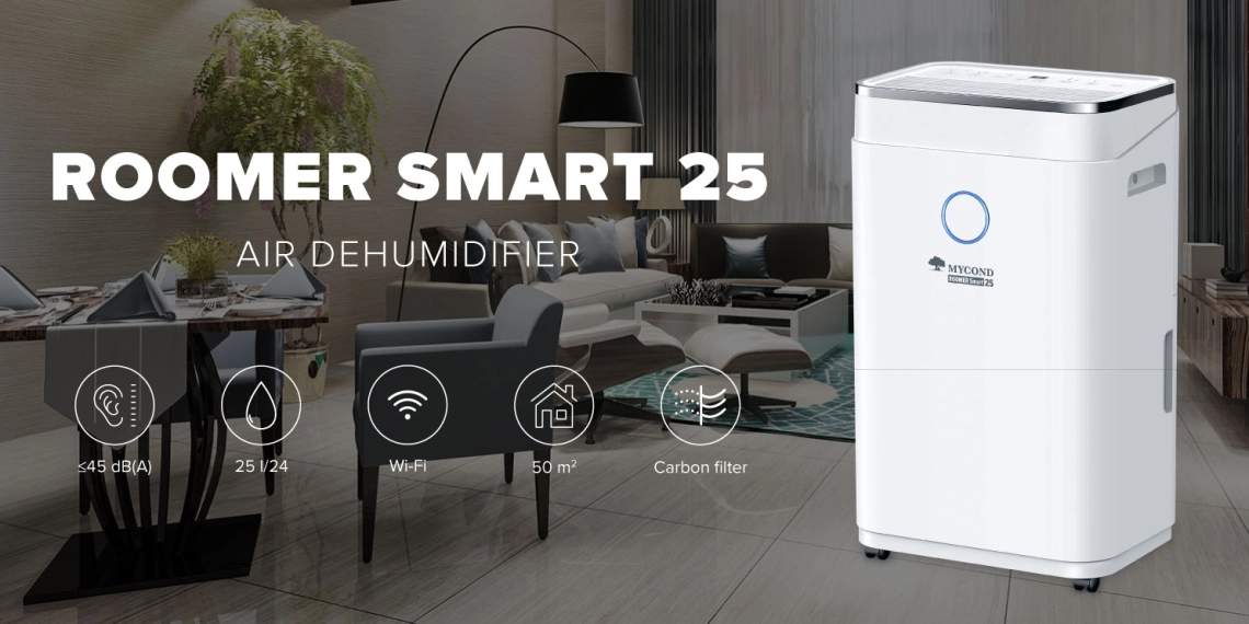 Deshumidificador de aire compacto MyCond Roomer Smart 25 para habitaciones grandes.