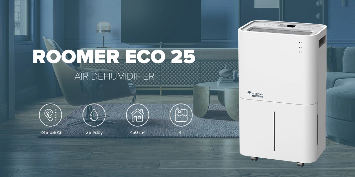 Deshumidificador compacto MyCond Roomer Eco 25 ideal para uso doméstico.