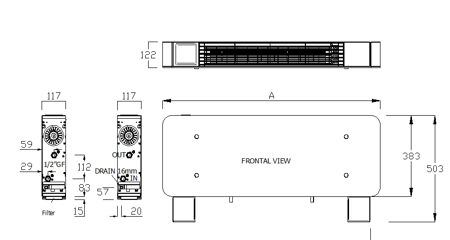 Diagrama de dimensiones de los fan coils de suelo de la serie MyCond silver glass low.