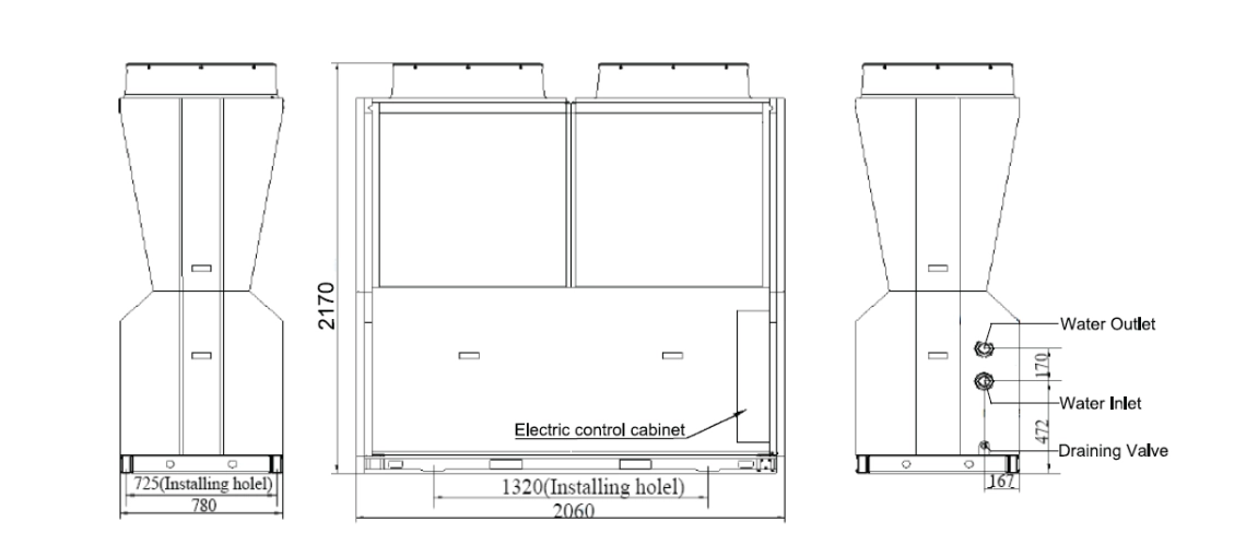 Diagrama de dimensiones del Mycond Inverter Pro MCU-065YHDD.