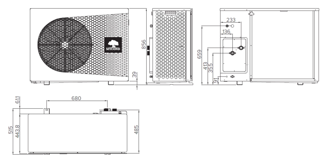 Diagrama que muestra las dimensiones de la bomba de calor compacta monobloque MyCond BeeThermic.