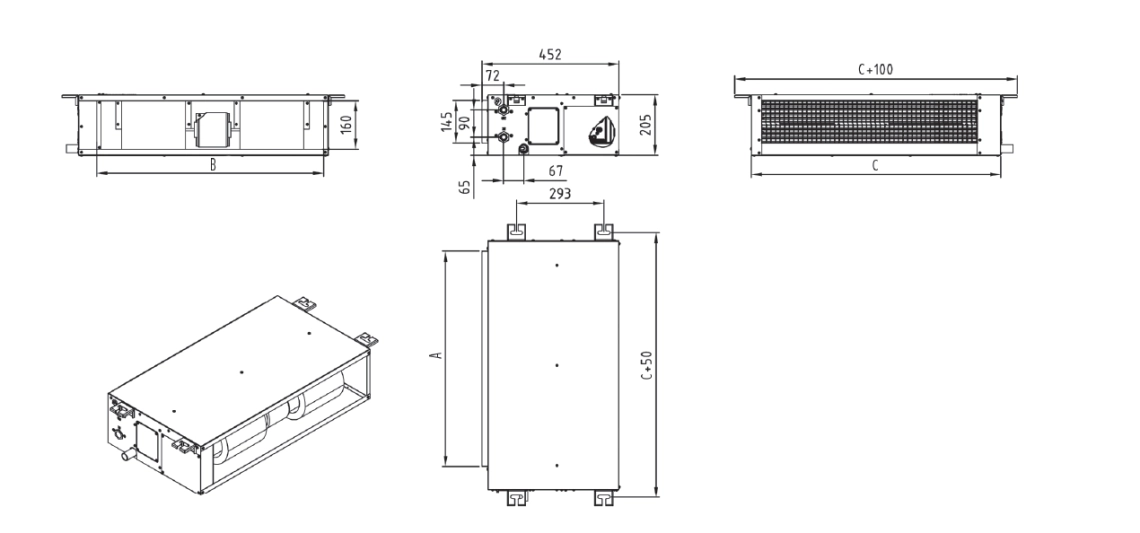 Diagrama que muestra las dimensiones de la unidad de fan coil de conducto de la serie MyCond MCFDS.