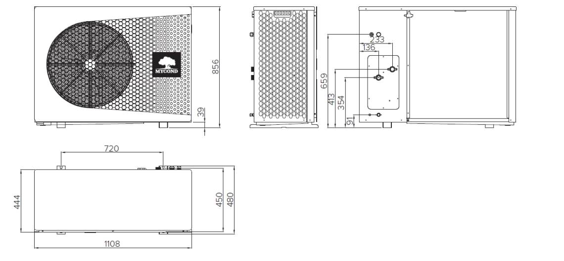 Diagrama de dimensiones de las bombas de calor monobloque de la serie MyCond BeeThermic.