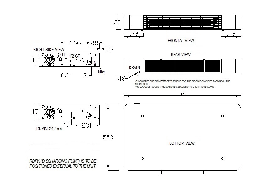 Dimensiones del fan coil de suelo de la serie MyCond Silver Glass.