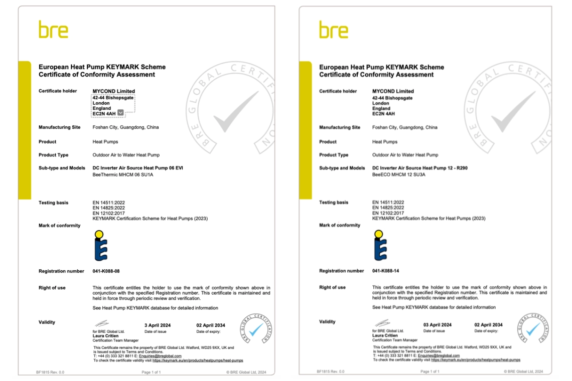 Bombas de calor Mycond certificadas por Keymark por cumplimiento de eficiencia.