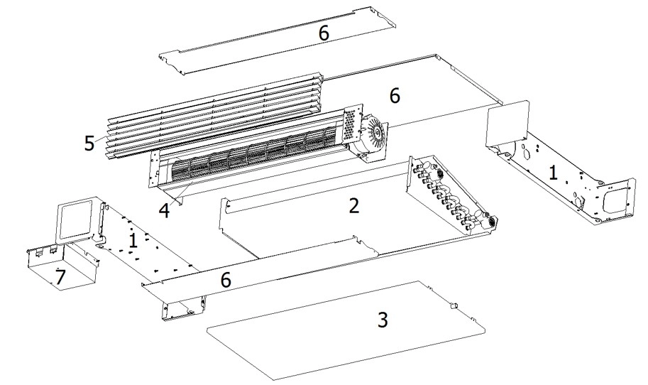 Componentes internos del fan coil de suelo de la serie MyCond Silver Glass.