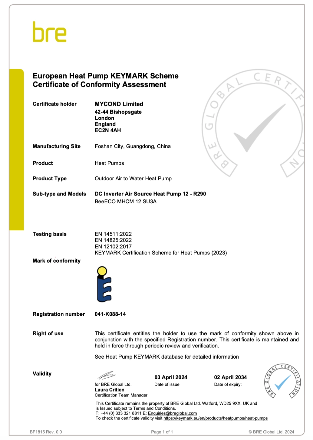 Certificado de conformidad Mycond BeeEco KEYMARK