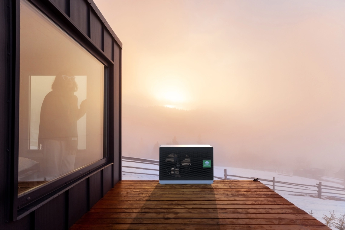 MyCond BeeSmart Una mujer disfruta de la vista desde la ventana de una casa compacta y energéticamente eficiente.