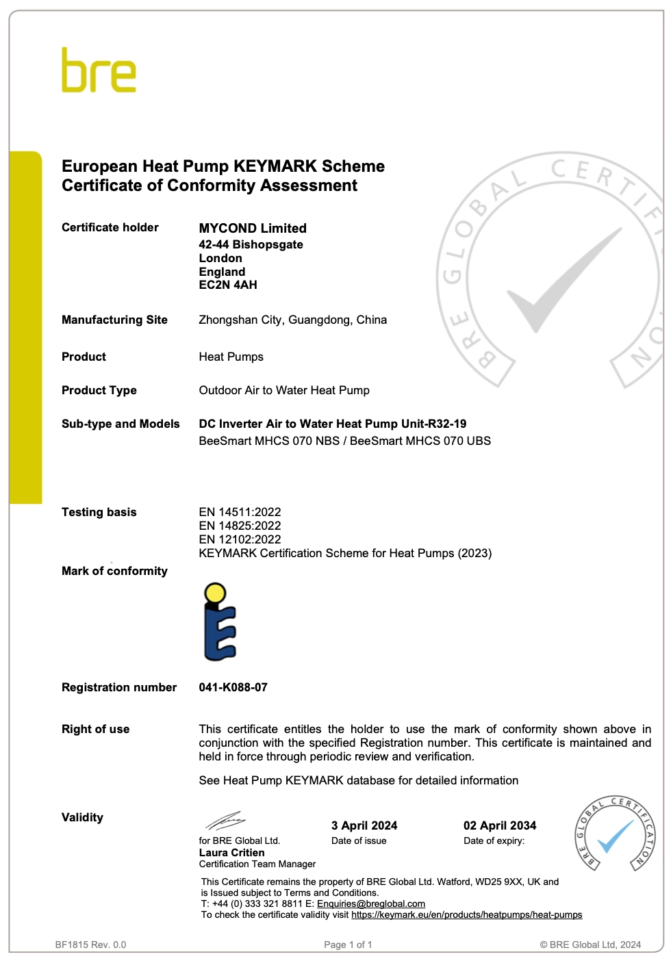 Certificado KEYMARK MyCond BeeSmart All-in-One