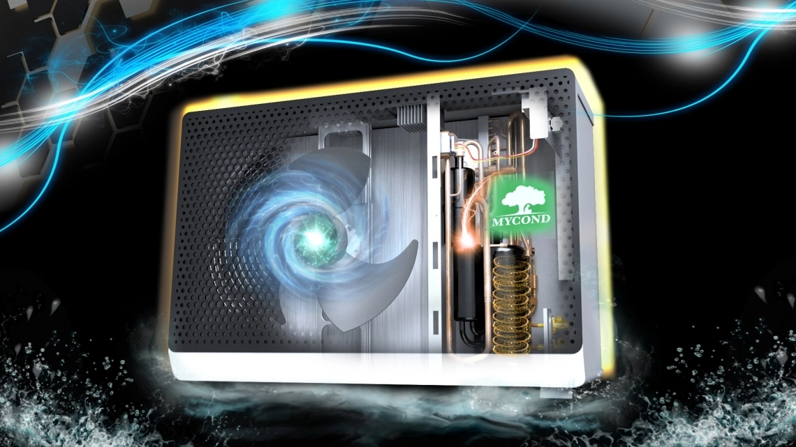 Bomba de calor split MyCond BeeSmart Modern exhibida en un elegante entorno doméstico.