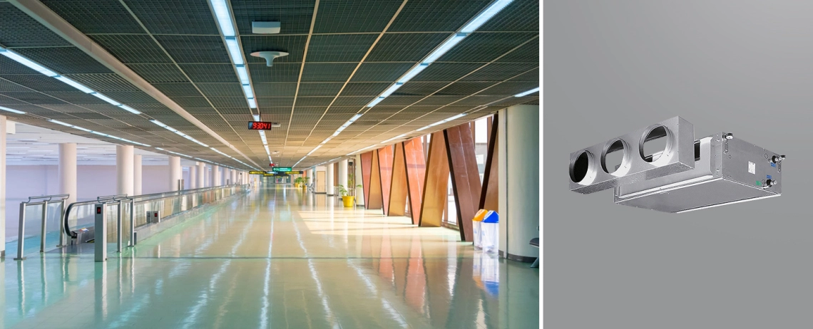 MyCond DFCL Unidad de fan coil de conducto de alta ESP instalada en un aeropuerto.