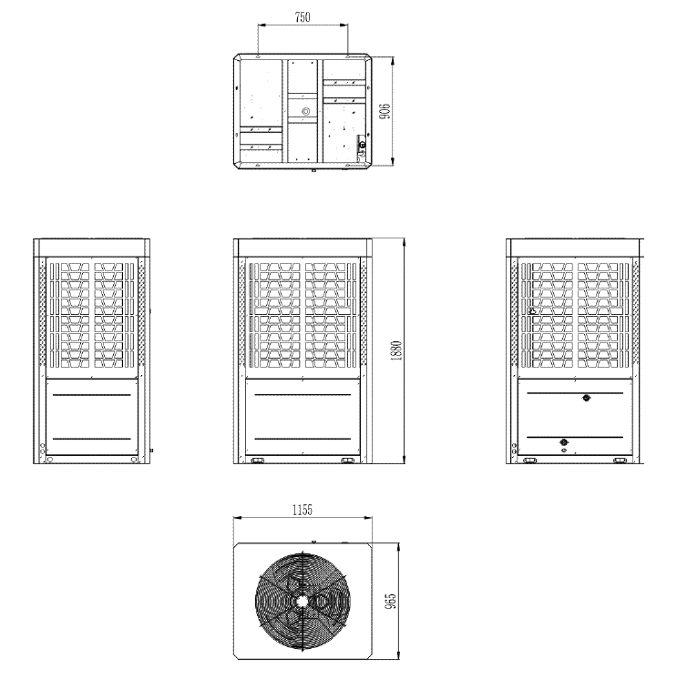 MyCond Diagrama que muestra las dimensiones de los módulos de expansión MCU-YHP de propano.