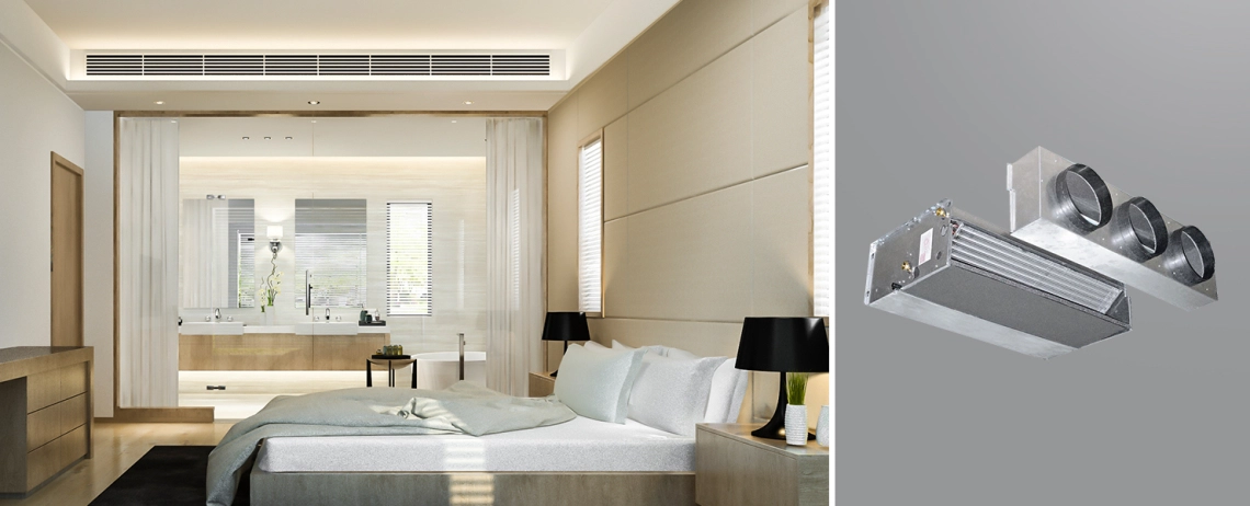 MyCond HPL Una moderna habitación de hotel con un fan coil de conducto ESP medio.