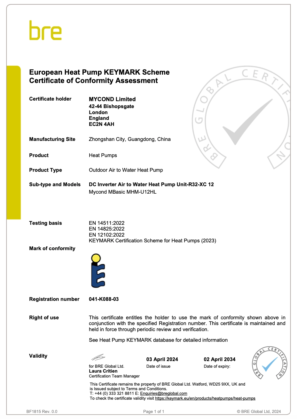 Certificado de conformidad MyCond MBasic KEYMARK
