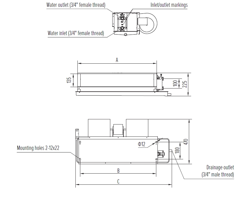 MyCond MCFC Diagrama de la unidad de fan coil Medium ESP dimensiones y especificaciones.