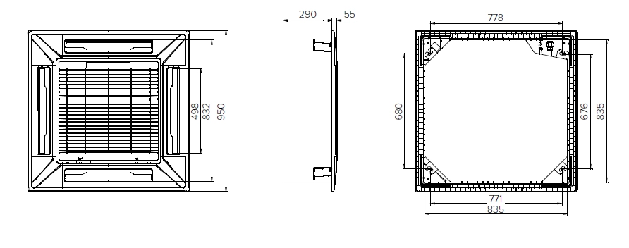 MyCond MCFK-T2 Elegante y estilizado diseño de unidad fan coil de cassette de 4 vías en techo.