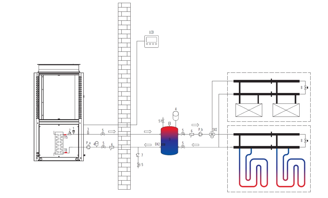 MyCond MCU-YHP Diagrama esquemático de un sistema de bomba de calor de propano energéticamente eficiente.