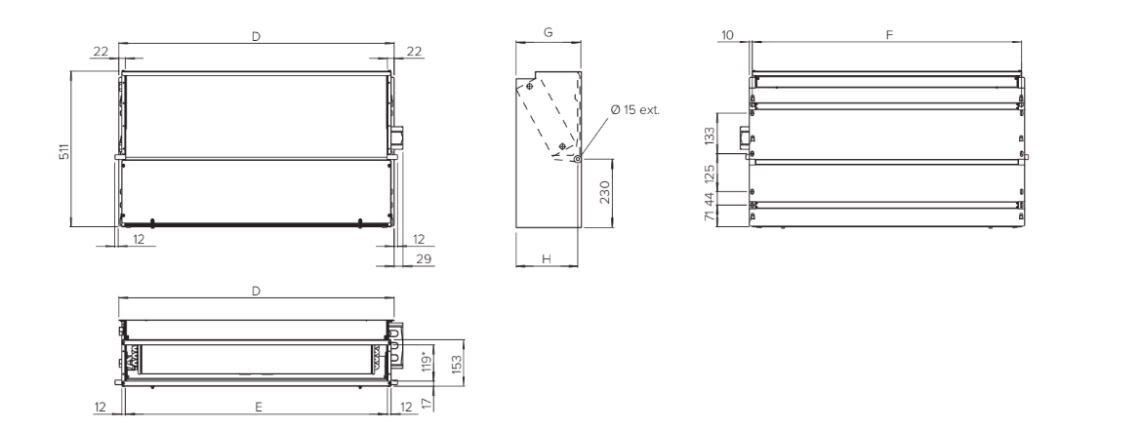 MyCond SEC/F Diagrama de dimensiones del fan coil para el control de la calefacción y la refrigeración.