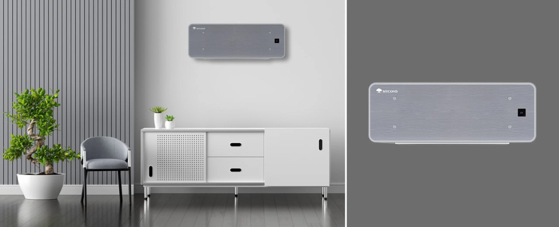 MyCond Silver Glass Wall Unidad fan coil ultrafina con diseño de cristal plateado y controles intuitivos.