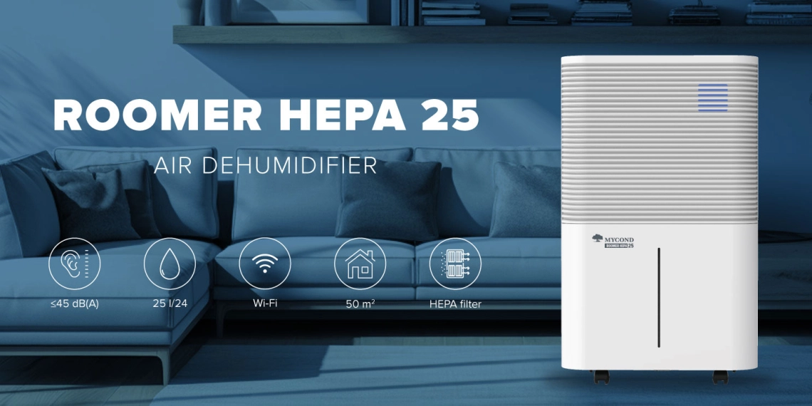 Deshumidificador de aire silencioso MyCond Roomer Hepa 25 para un control eficaz de la humedad.