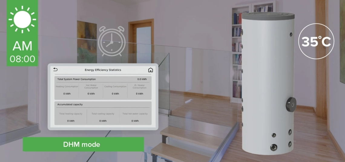 La imagen muestra la bomba de calor split de la serie MyCond BeeSmart, diseñada para un uso eficiente de la energía.