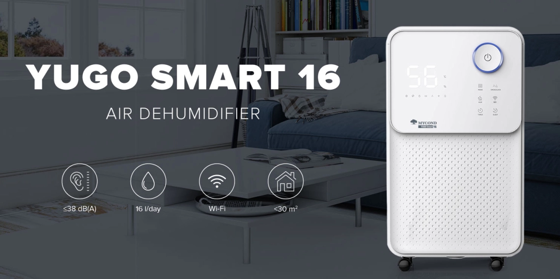 YUGO Smart 16 Deshumidificador compacto de funcionamiento silencioso y alta eficiencia.