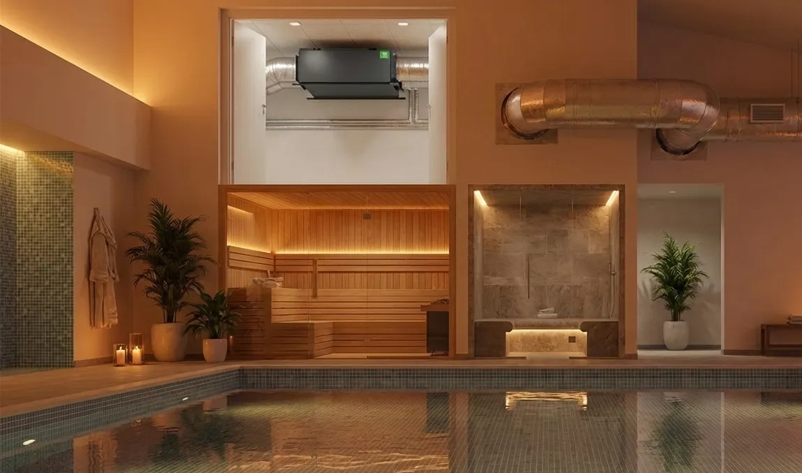 Requisitos del espacio para el deshumidificador canalizado MSHA(C): sala técnica, conductos de aire, espacio y funcionamiento continuo